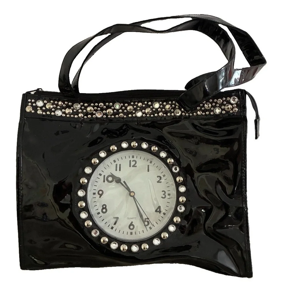 Vintage Far Nine Clock Purse Black Faux Patent Leather Rhinestones Works Y2K